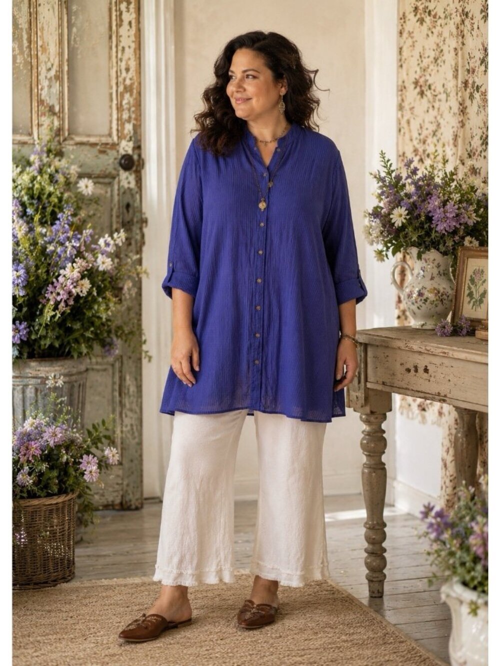 April Cornell Womens Tunic Top Sz W1 US 3X Blue Stripe India Cotton Lagenlook